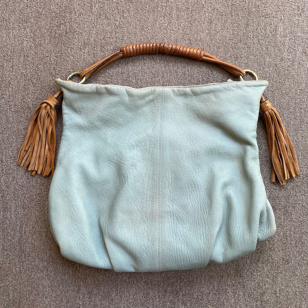 Sundance Leather Hobo Bag Large Slouchy Fringe Light Blue Distressed